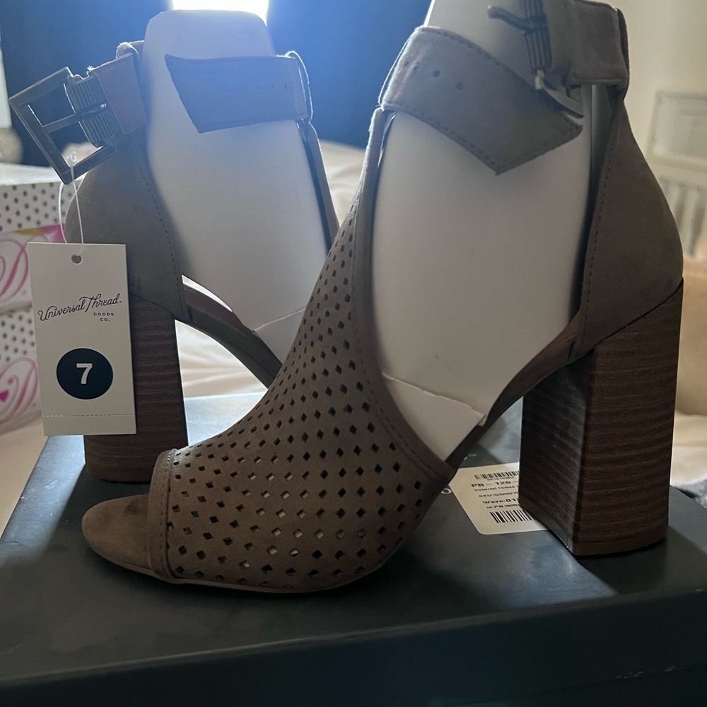 Tan Nude Peep Toe Block Heel Booties